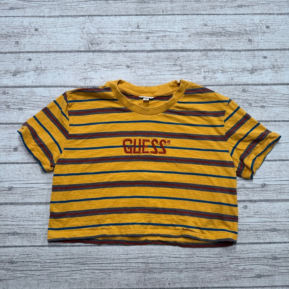 Guess Originals Crop Top Womens Small Yellow Striped Boxy Fit Short Sleeve Retro